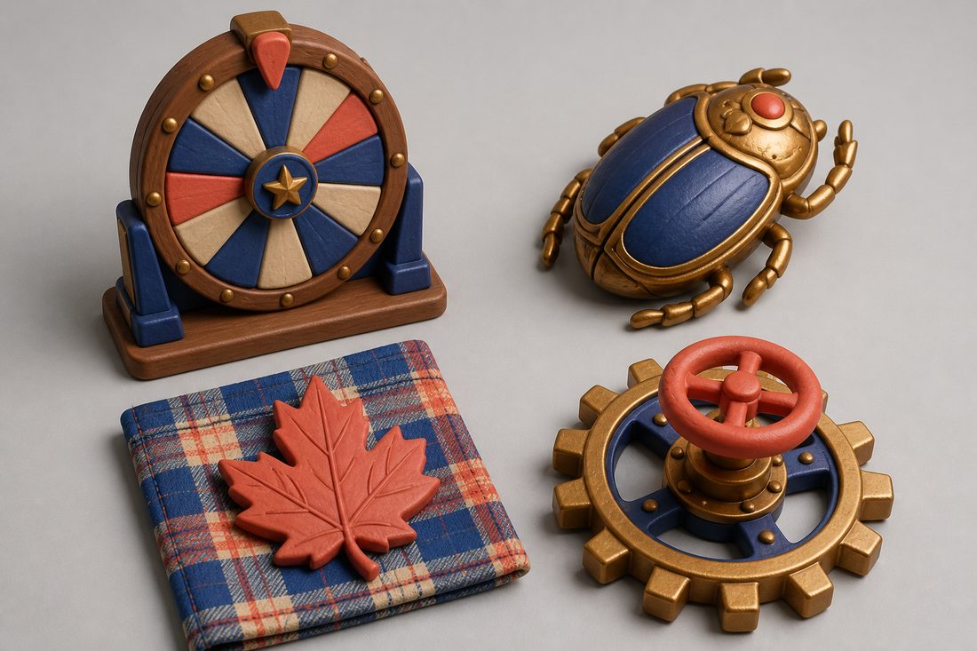 Still life of a western wheel, gold scarab, maple leaf and brass gear on a grey table