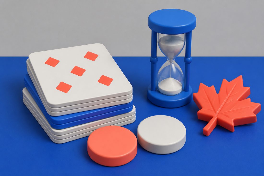 Playing cards, token discs, hourglass and a maple leaf