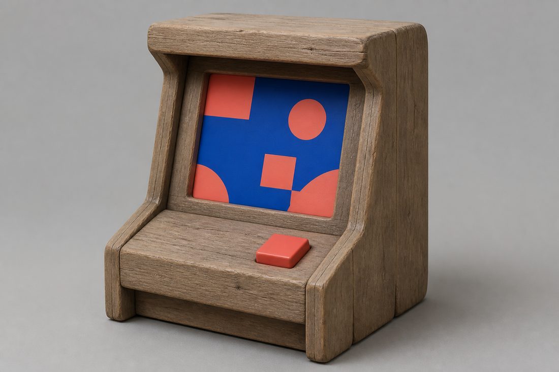 Chunky wooden arcade cabinet with a cobalt screen and a coral square button