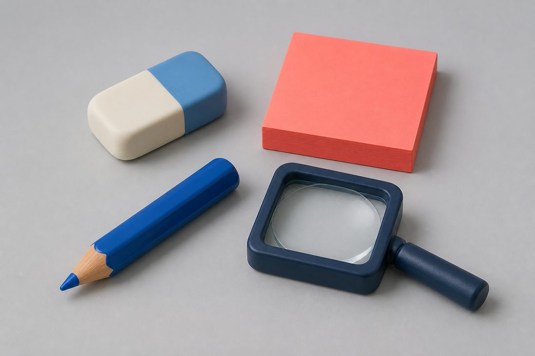 Eraser, pencil and square sticky notes