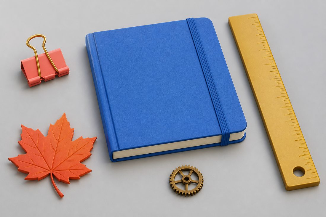 Notebook, clip, rule and a small brass gear