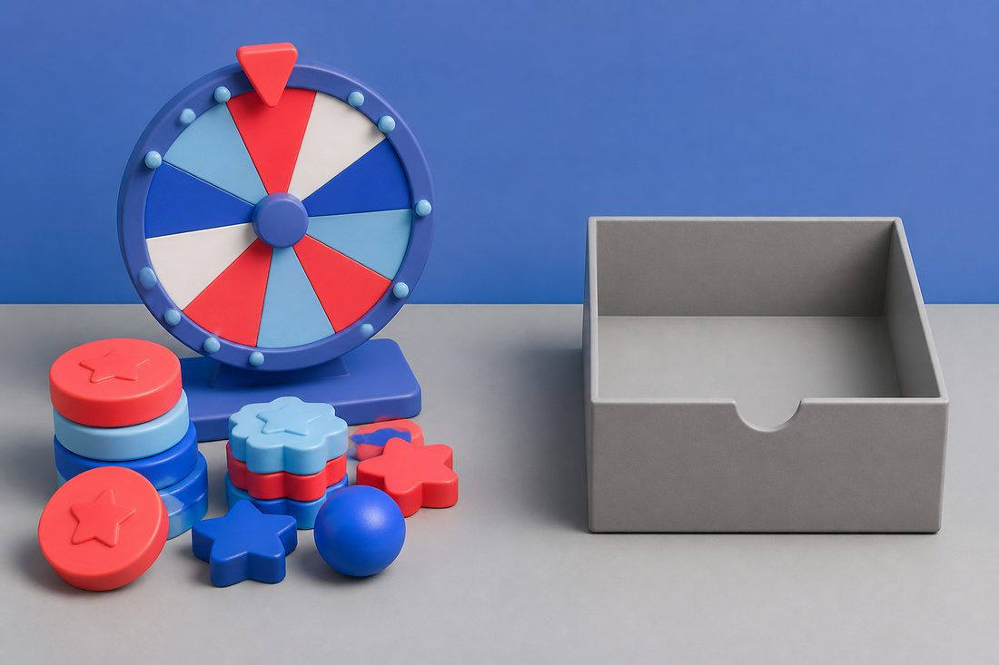 Toy tokens and a wheel beside an empty open box