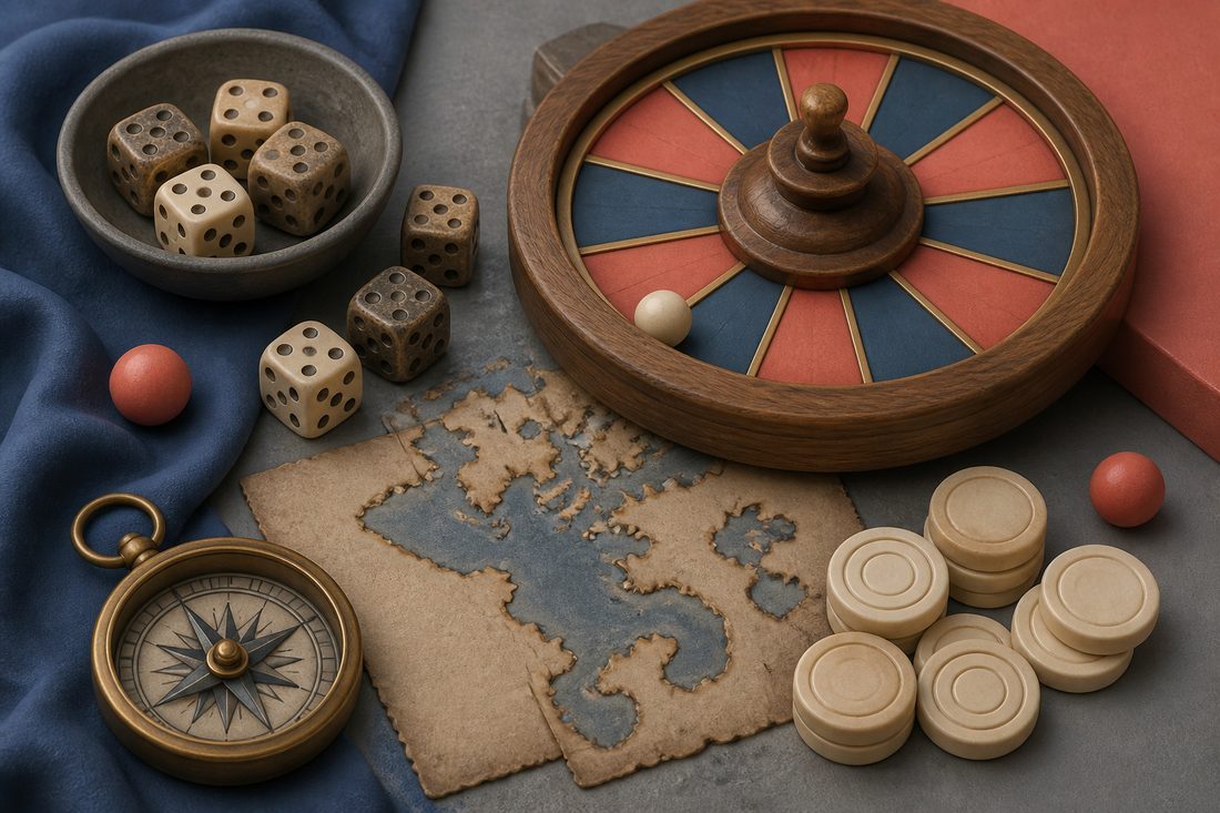 Dice, a simple wooden wheel, tokens and a brass compass