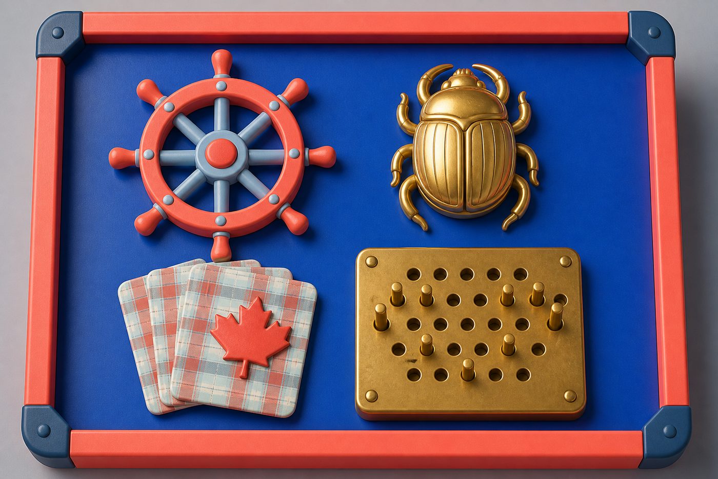 Overhead still life of a wheel, scarab, plaid cards and a brass pegboard