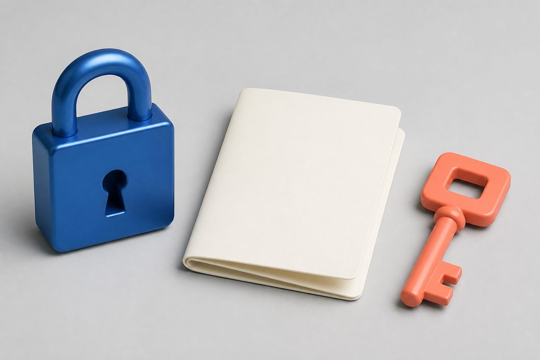 Cobalt lock, folded document and coral key