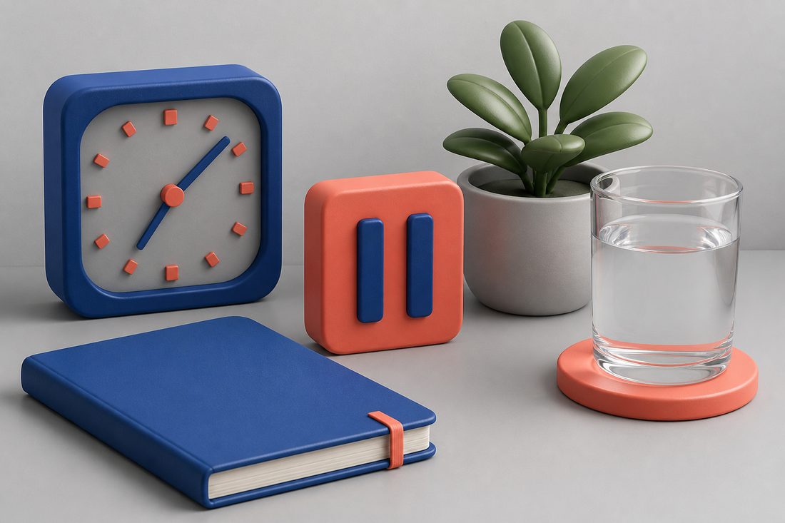 Clock, pause block, notebook and a glass of water