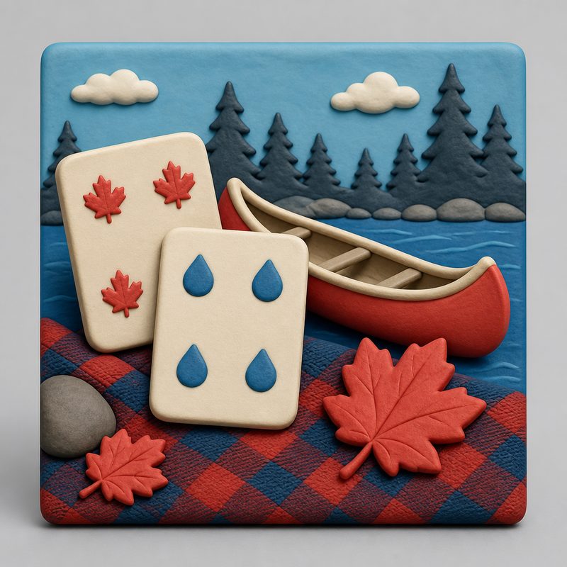 Playing cards on plaid cloth with a canoe and maple leaves