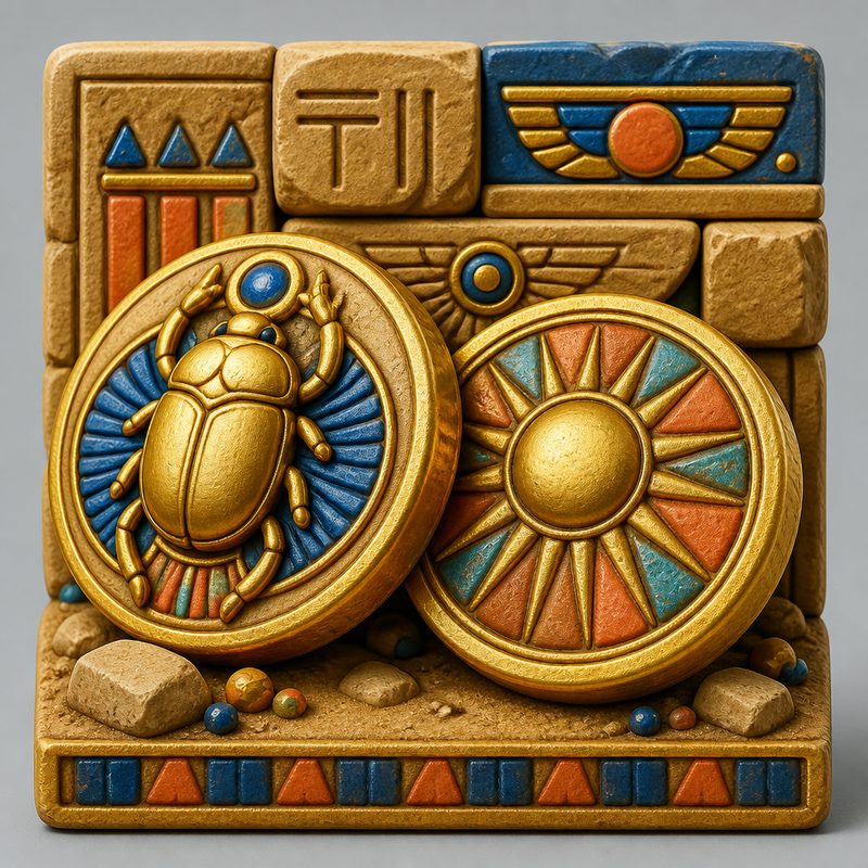 Gold scarab coin beside sandstone blocks with geometric marks