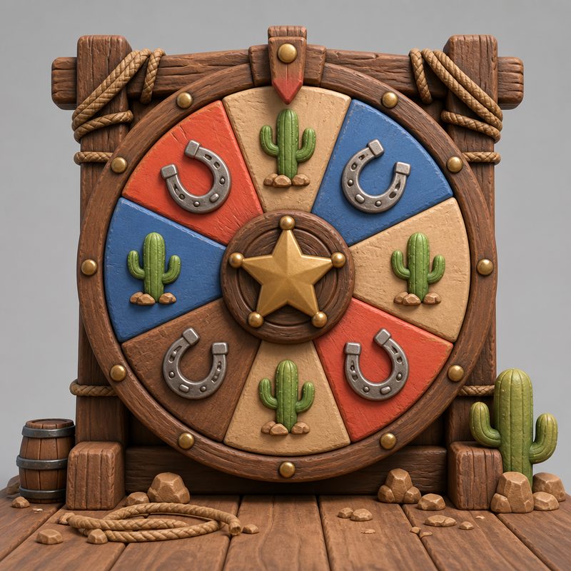 Toy-like western prize wheel with a sheriff-star hub on saloon timber