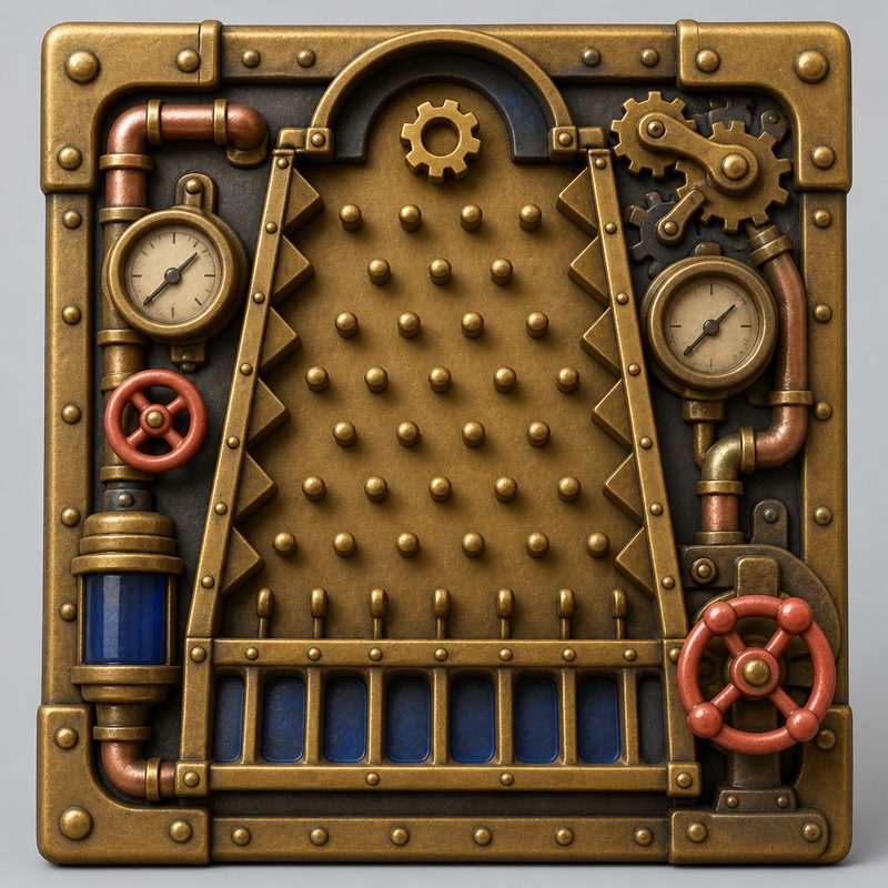 Brass peg board with a gear-shaped disc and valve handles